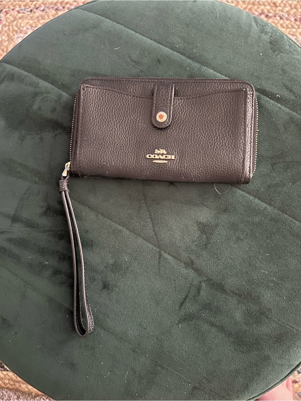 Coach Black Pebbled Leather Wristlet with Gold Logo